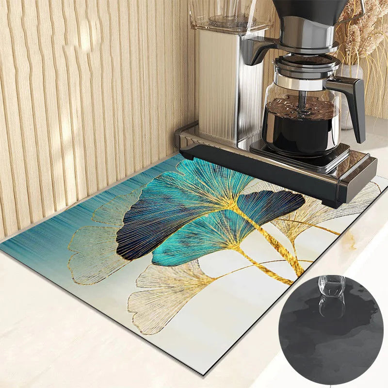 Ginkgo Leaf Dish Drying Mat Kitchen Rubber Quick Dry Drain Pad Bottle Bowl Tableware Placemat Bathroom Super Absorption Rugs