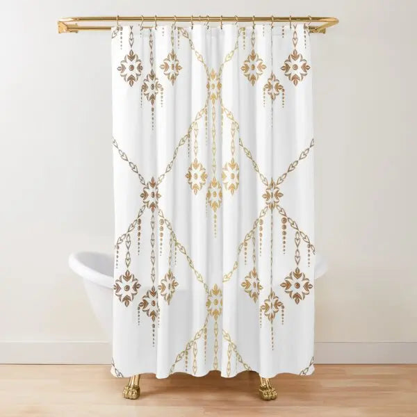Golden Baroque Symmetrical Shower Curtain,golden Lion and Damask Ornament Luxury Design Gold Lace Bathroom Shower Curtains Set