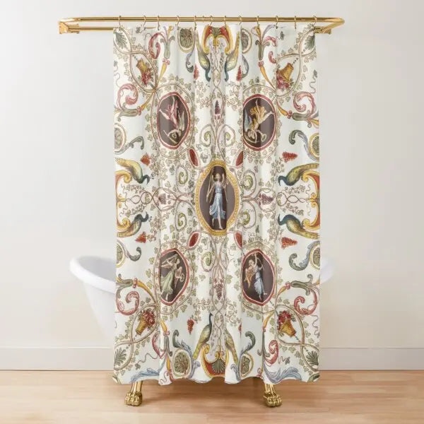 Golden Baroque Symmetrical Shower Curtain,golden Lion and Damask Ornament Luxury Design Gold Lace Bathroom Shower Curtains Set