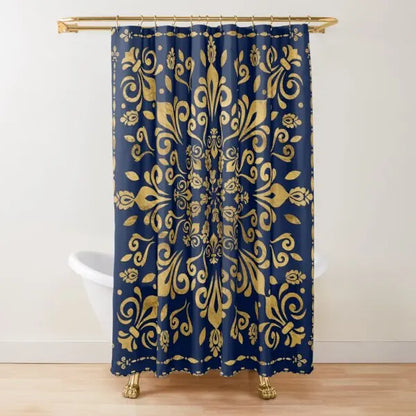 Golden Baroque Symmetrical Shower Curtain,golden Lion and Damask Ornament Luxury Design Gold Lace Bathroom Shower Curtains Set