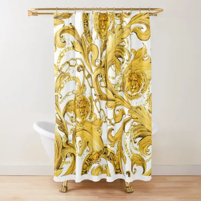 Golden Baroque Symmetrical Shower Curtain,golden Lion and Damask Ornament Luxury Design Gold Lace Bathroom Shower Curtains Set