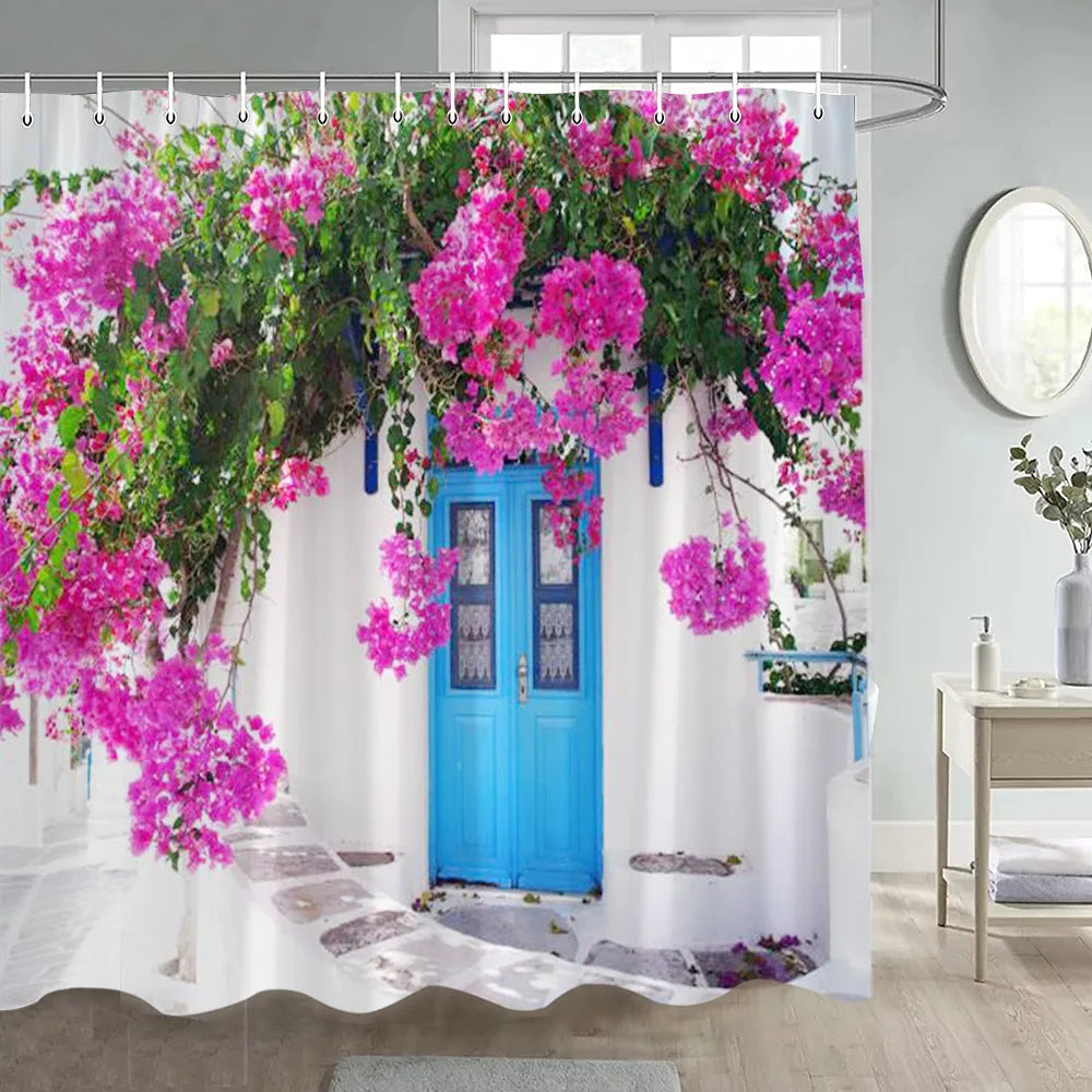 Greek Town Street View Shower Curtain Blue Wooden Doors Windows Flower Plant Wall Decor Bathroom Hanging Curtains Sets Polyester