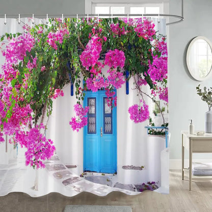 Greek Town Street View Shower Curtain Blue Wooden Doors Windows Flower Plant Wall Decor Bathroom Hanging Curtains Sets Polyester