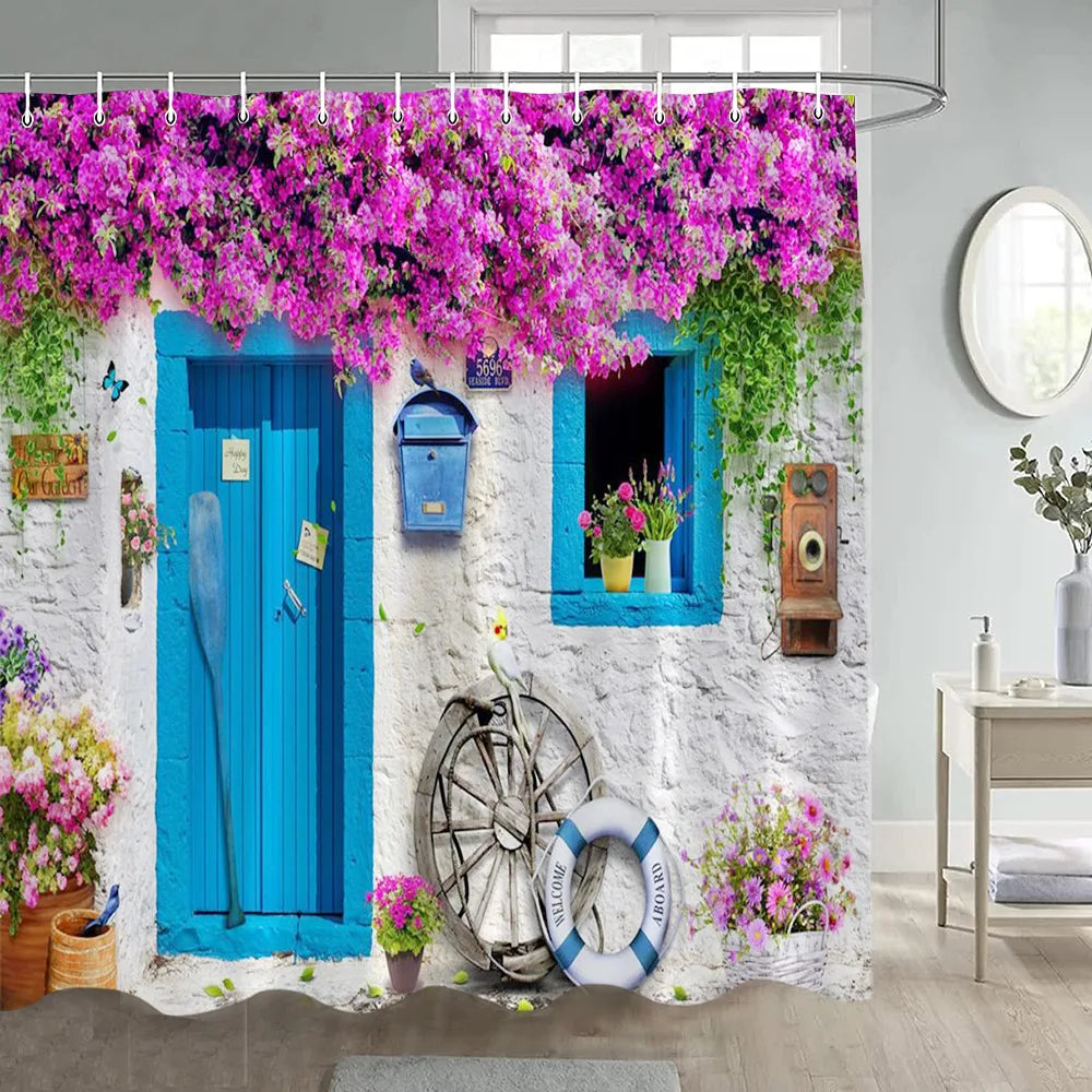 Greek Town Street View Shower Curtain Blue Wooden Doors Windows Flower Plant Wall Decor Bathroom Hanging Curtains Sets Polyester