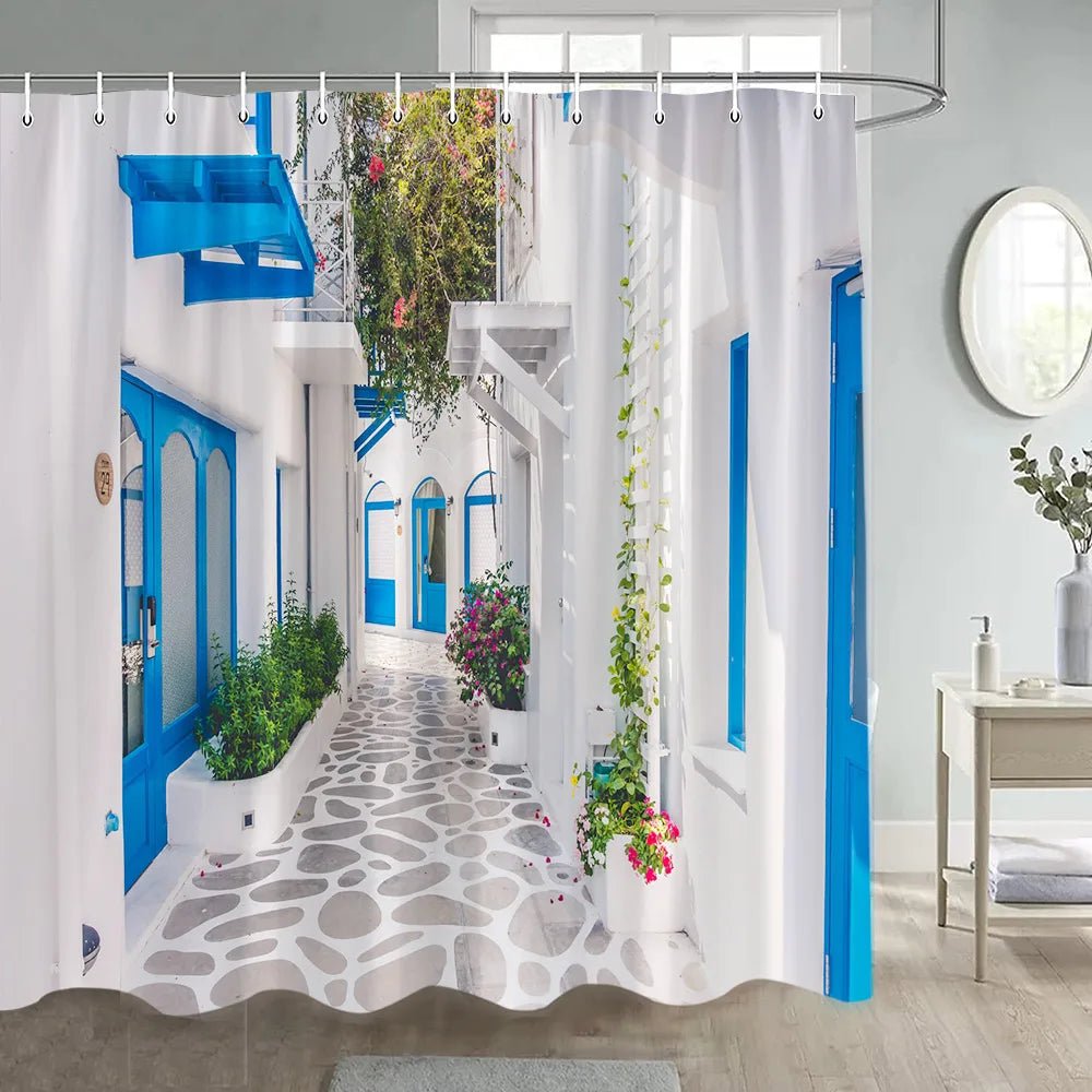 Greek Town Street View Shower Curtain Blue Wooden Doors Windows Flower Plant Wall Decor Bathroom Hanging Curtains Sets Polyester