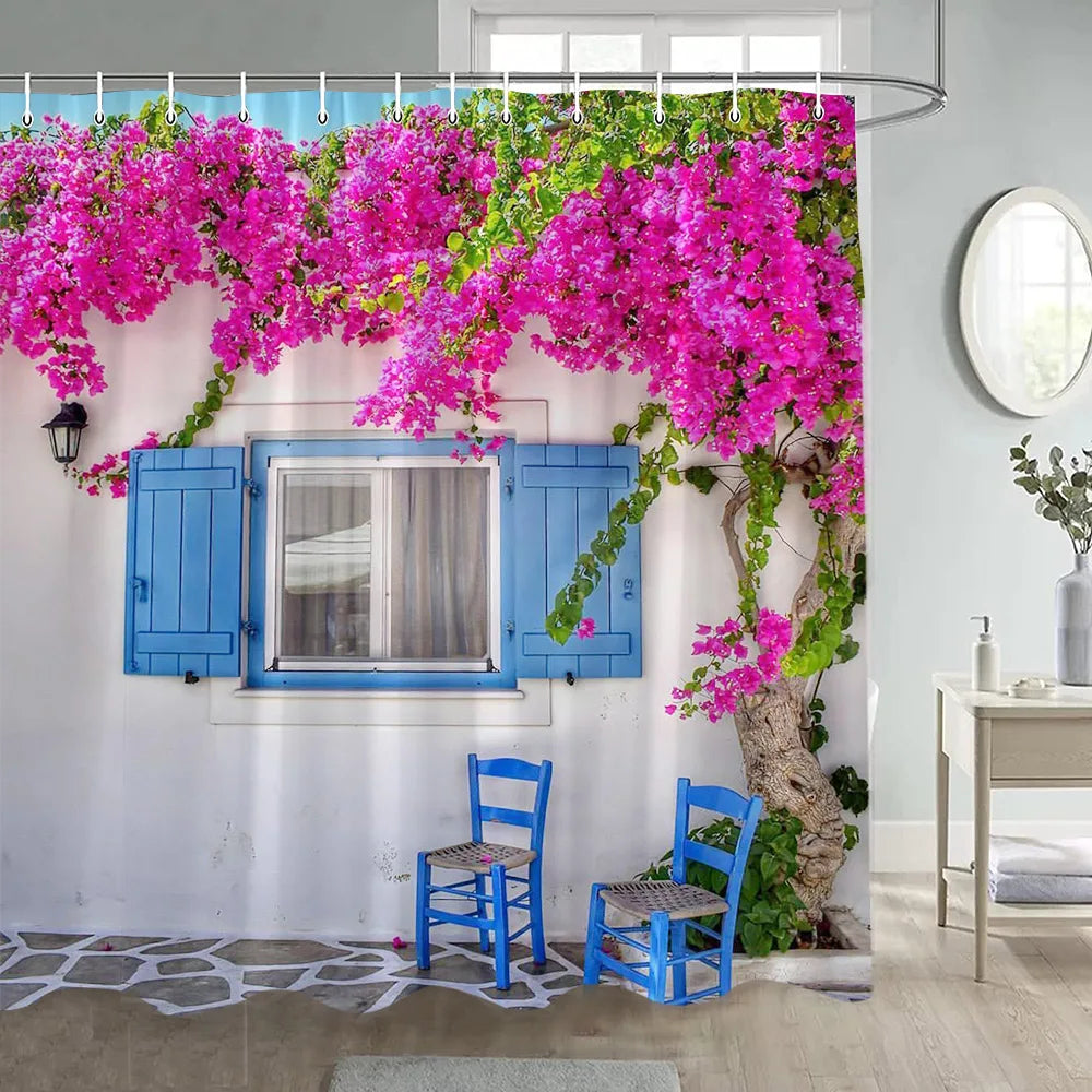 Greek Town Street View Shower Curtain Blue Wooden Doors Windows Flower Plant Wall Decor Bathroom Hanging Curtains Sets Polyester