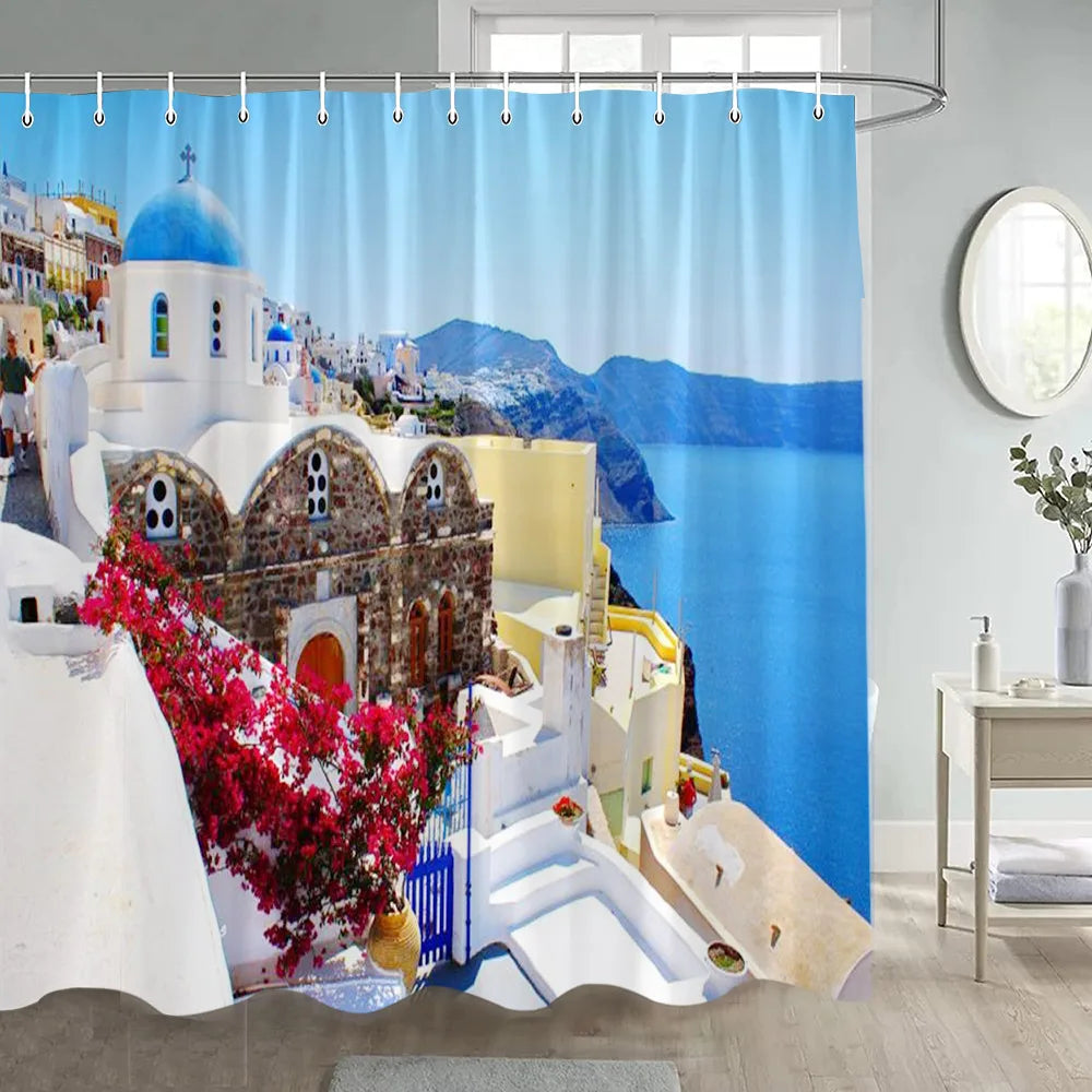 Greek Town Street View Shower Curtain Blue Wooden Doors Windows Flower Plant Wall Decor Bathroom Hanging Curtains Sets Polyester