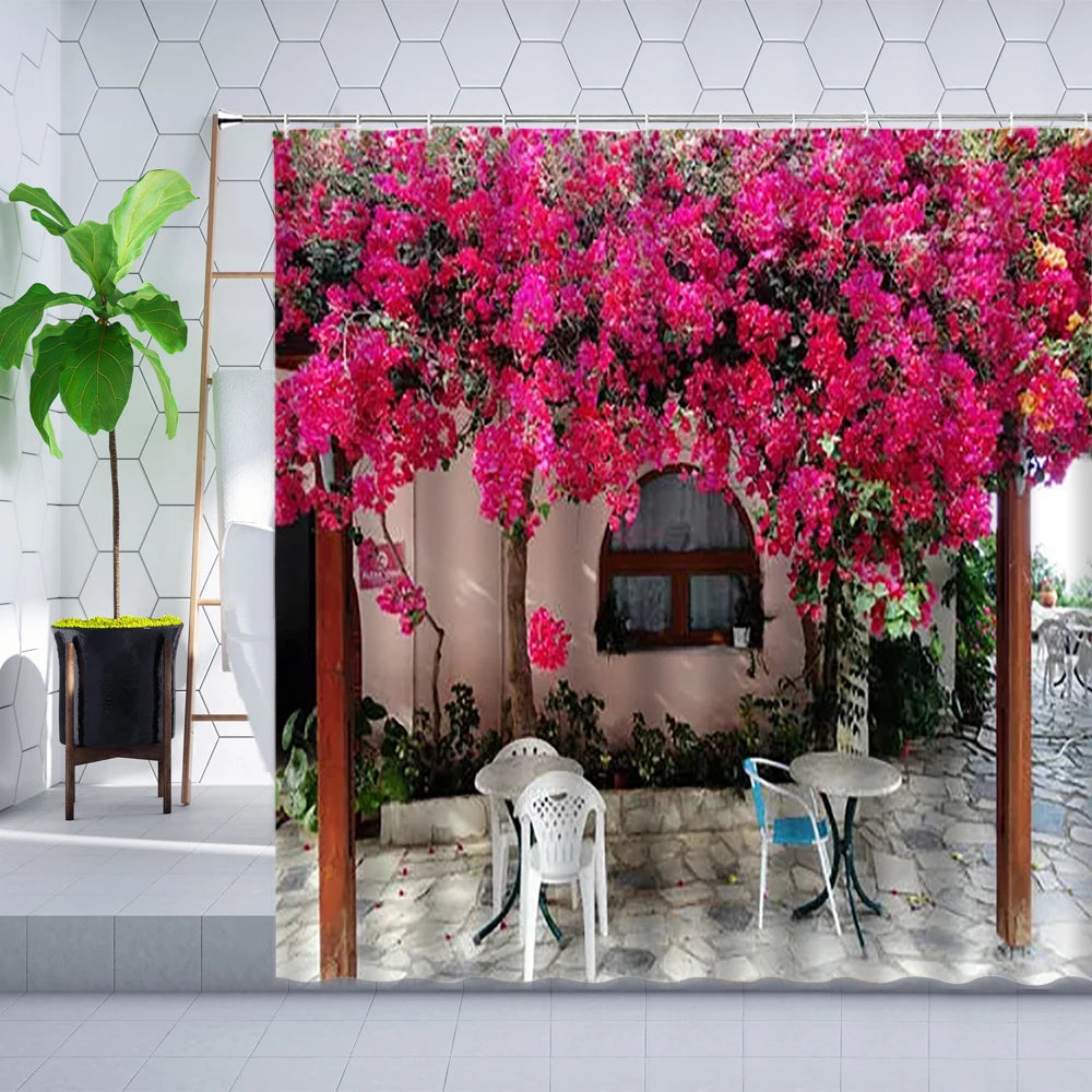 Greek Town Street View Shower Curtain Blue Wooden Doors Windows Flower Plant Wall Decor Bathroom Hanging Curtains Sets Polyester