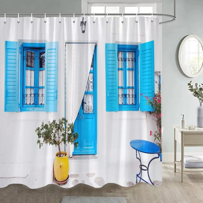 Greek Town Street View Shower Curtain Blue Wooden Doors Windows Flower Plant Wall Decor Bathroom Hanging Curtains Sets Polyester