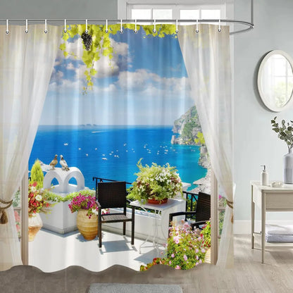 Greek Town Street View Shower Curtain Blue Wooden Doors Windows Flower Plant Wall Decor Bathroom Hanging Curtains Sets Polyester