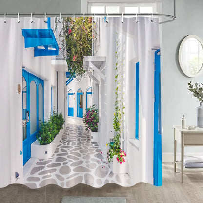 Greek Town Street View Shower Curtain Blue Wooden Doors Windows Flower Plant Wall Decor Bathroom Hanging Curtains Sets Polyester
