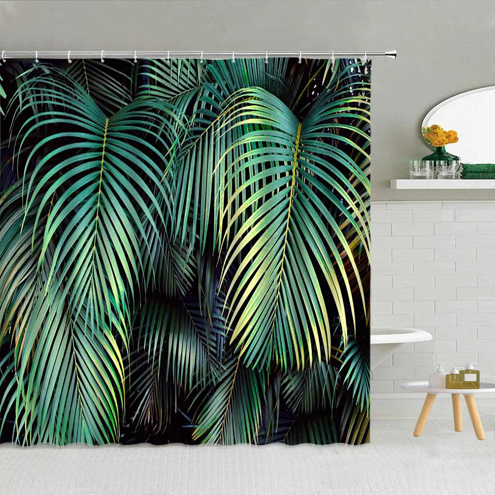 Green Tropical Plant Monstera Palm Leaf Shower Curtain Spring Plant Theme Fashion Waterproof Fabric Home Bathroom Decor Curtains