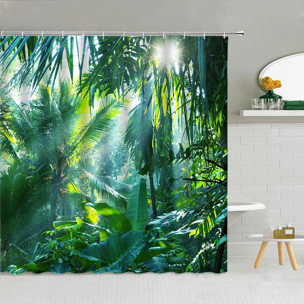 Green Tropical Plant Monstera Palm Leaf Shower Curtain Spring Plant Theme Fashion Waterproof Fabric Home Bathroom Decor Curtains