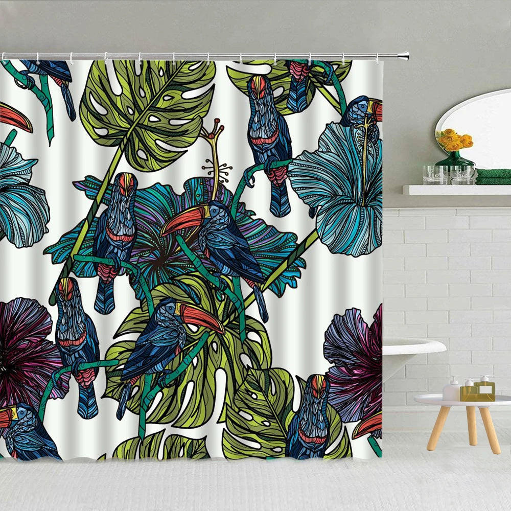 Green Tropical Plant Monstera Palm Leaf Shower Curtain Spring Plant Theme Fashion Waterproof Fabric Home Bathroom Decor Curtains