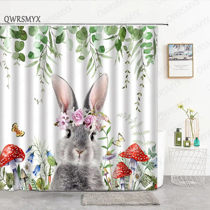 Grey Cute Rabbit Bathroom Shower Curtain Funny Cat Riding Dinosaur Animal Polyester Fabric Hanging Curtains Bathroom Decor Set