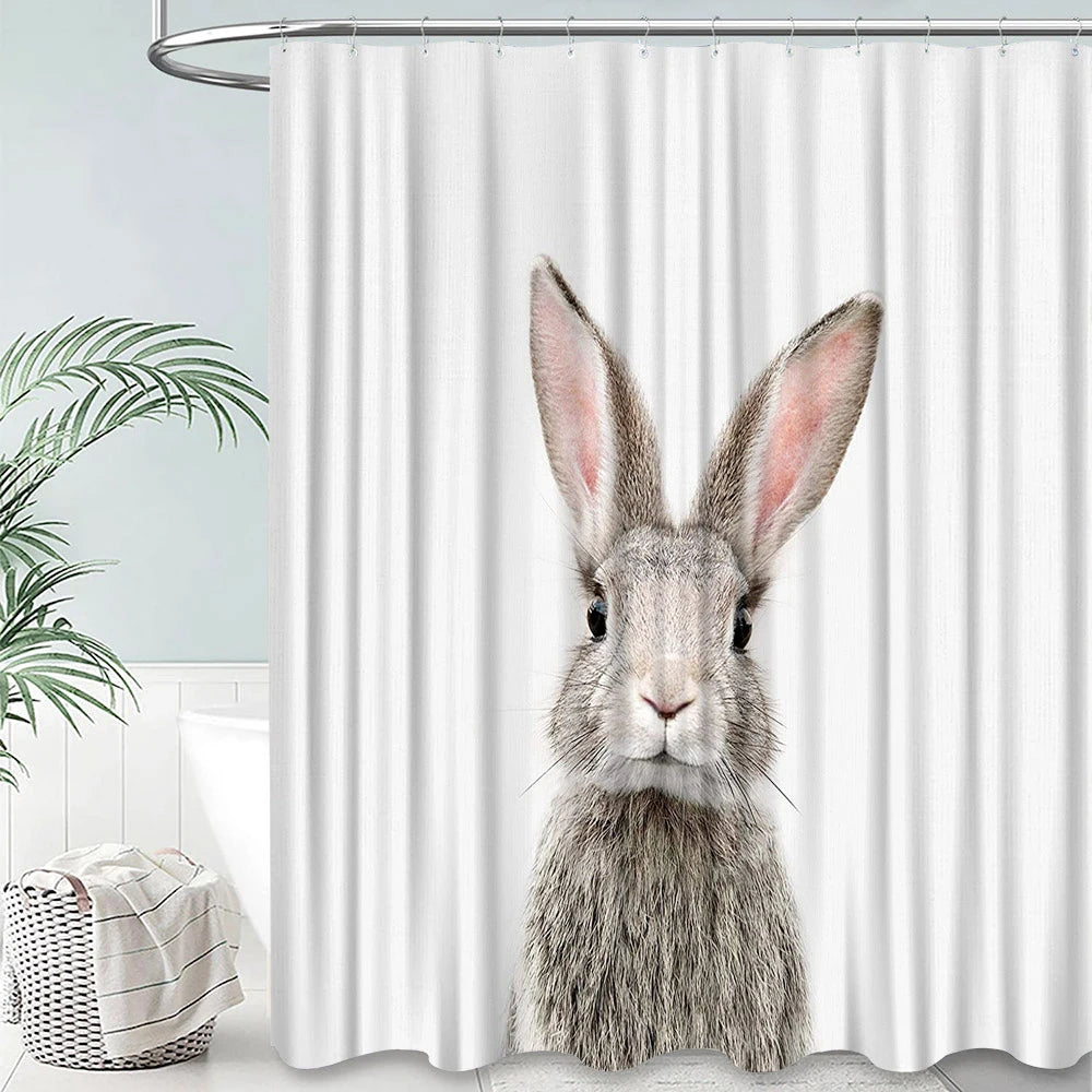 Grey Cute Rabbit Bathroom Shower Curtain Funny Cat Riding Dinosaur Animal Polyester Fabric Hanging Curtains Bathroom Decor Set