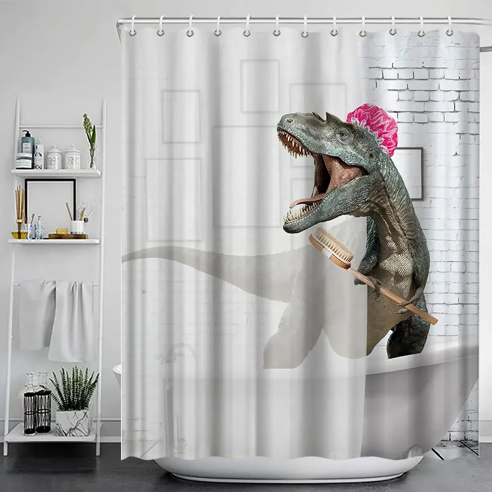 Grey Cute Rabbit Bathroom Shower Curtain Funny Cat Riding Dinosaur Animal Polyester Fabric Hanging Curtains Bathroom Decor Set