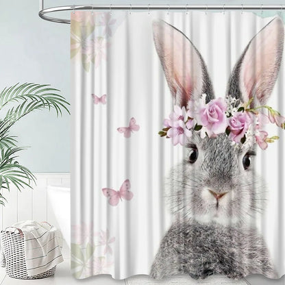 Grey Cute Rabbit Bathroom Shower Curtain Funny Cat Riding Dinosaur Animal Polyester Fabric Hanging Curtains Bathroom Decor Set
