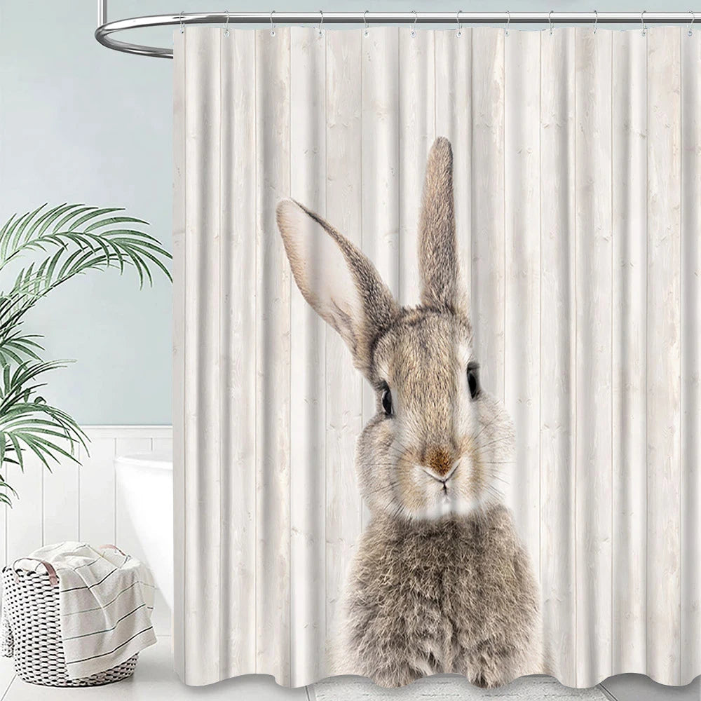 Grey Cute Rabbit Bathroom Shower Curtain Funny Cat Riding Dinosaur Animal Polyester Fabric Hanging Curtains Bathroom Decor Set