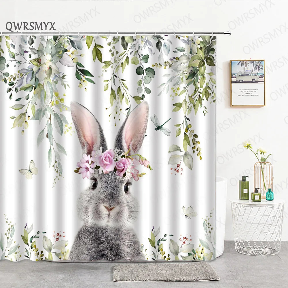 Grey Cute Rabbit Bathroom Shower Curtain Funny Cat Riding Dinosaur Animal Polyester Fabric Hanging Curtains Bathroom Decor Set