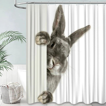 Grey Cute Rabbit Bathroom Shower Curtain Funny Cat Riding Dinosaur Animal Polyester Fabric Hanging Curtains Bathroom Decor Set
