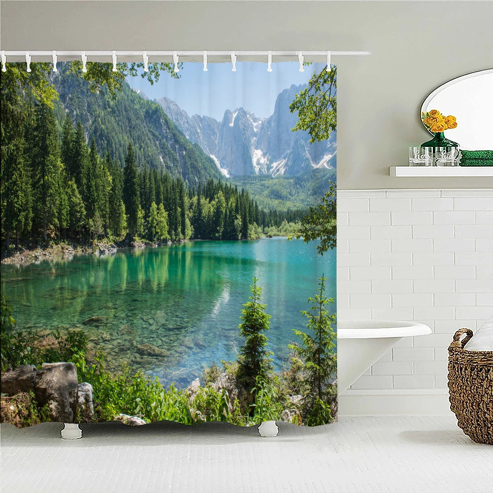 High Quality Natural Landscape Rain Forest Fabric Shower Curtain Waterproof Bath Curtains for Bathroom Decorate with Hooks