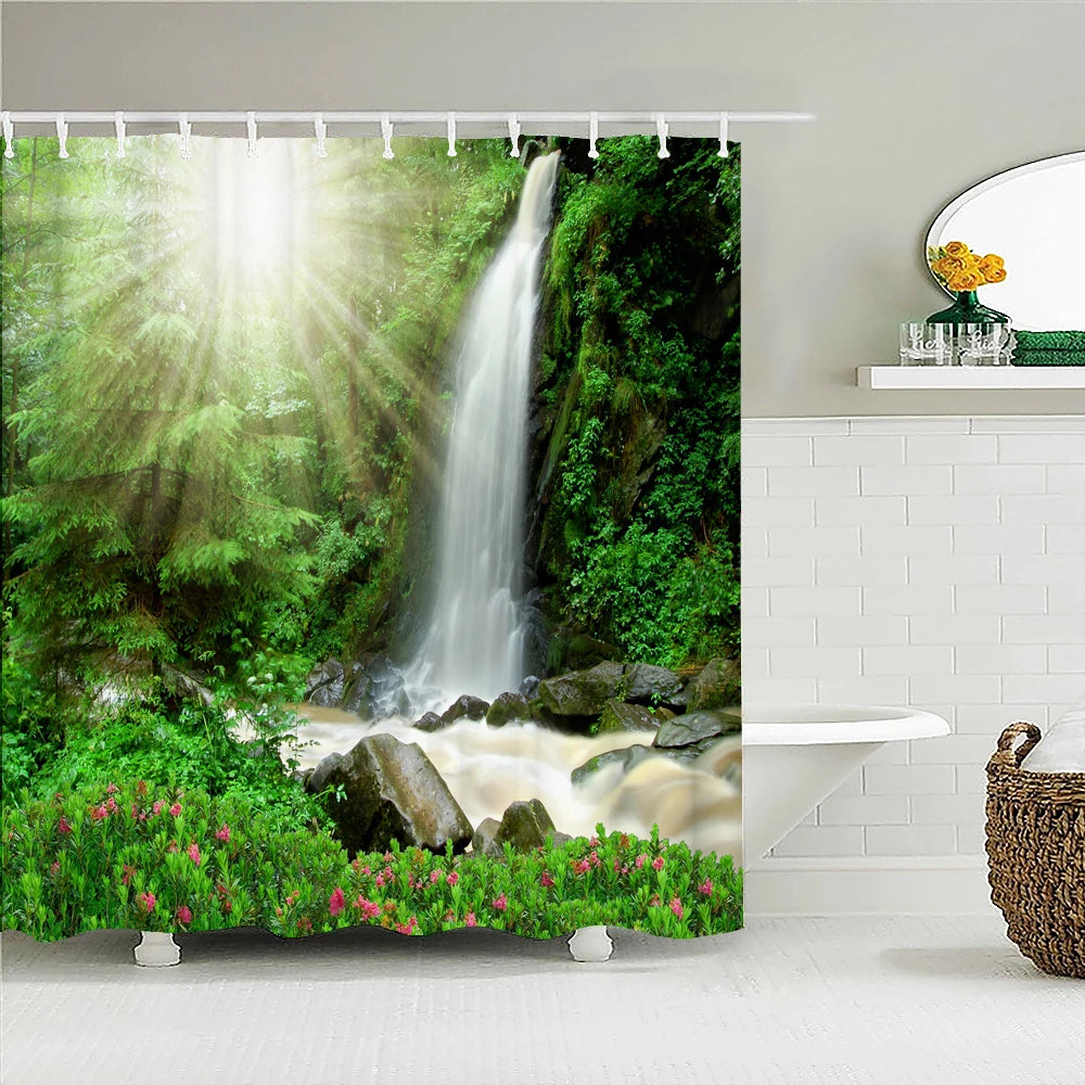 High Quality Natural Landscape Rain Forest Fabric Shower Curtain Waterproof Bath Curtains for Bathroom Decorate with Hooks