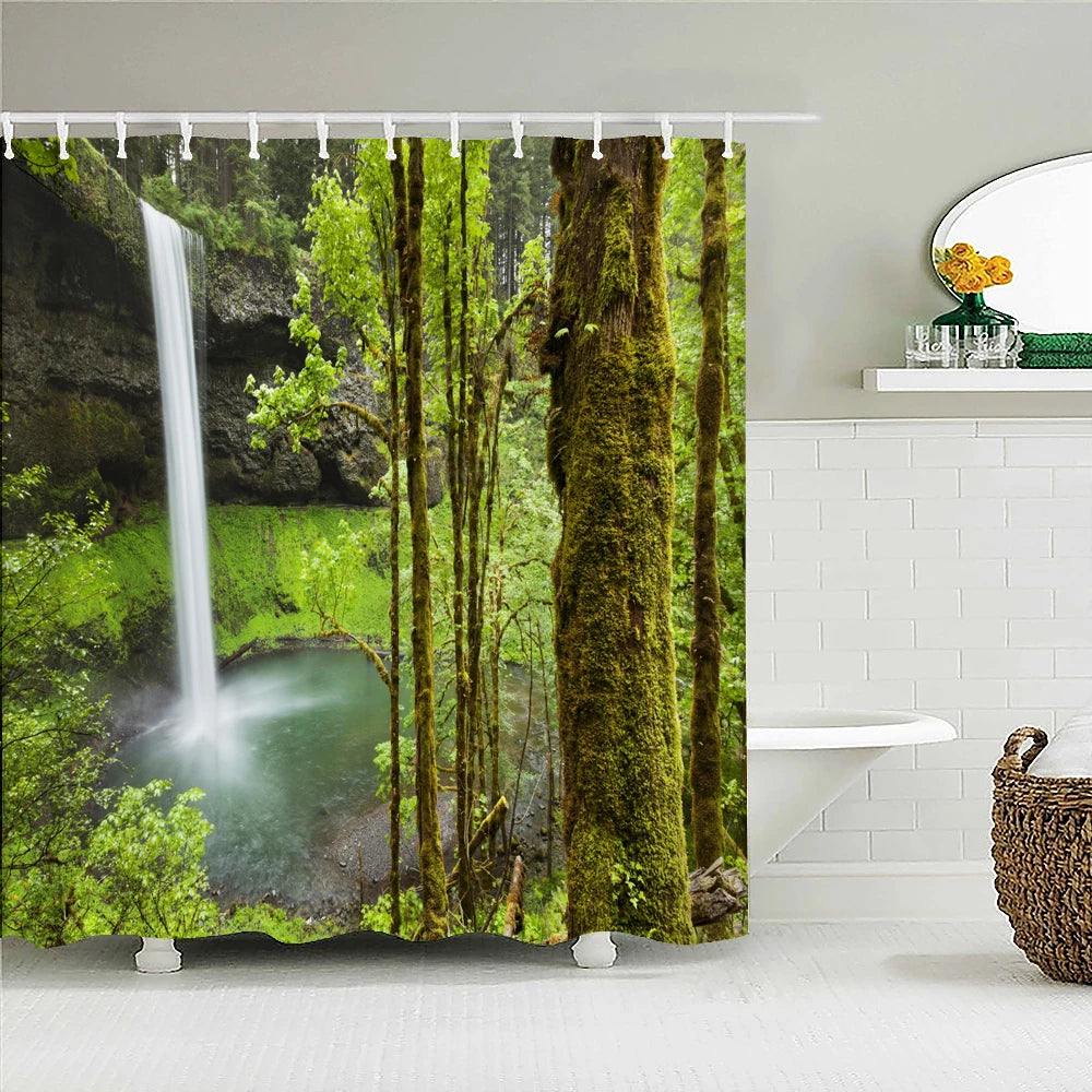 High Quality Natural Landscape Rain Forest Fabric Shower Curtain Waterproof Bath Curtains for Bathroom Decorate with Hooks