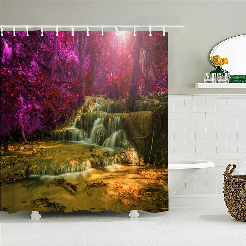 High Quality Natural Landscape Rain Forest Fabric Shower Curtain Waterproof Bath Curtains for Bathroom Decorate with Hooks