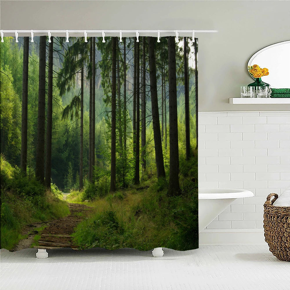 High Quality Natural Landscape Rain Forest Fabric Shower Curtain Waterproof Bath Curtains for Bathroom Decorate with Hooks