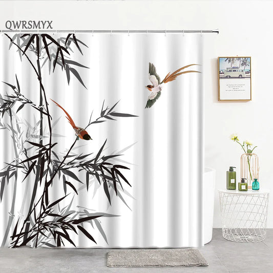 Ink Painting Bamboo Leaves Bird Shower Curtains Set Mountain Water Plant Landscape Waterproof Bathroom Curtain Retro Home Decor