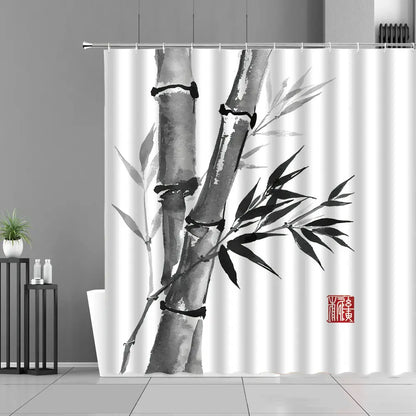 Ink Painting Bamboo Leaves Bird Shower Curtains Set Mountain Water Plant Landscape Waterproof Bathroom Curtain Retro Home Decor