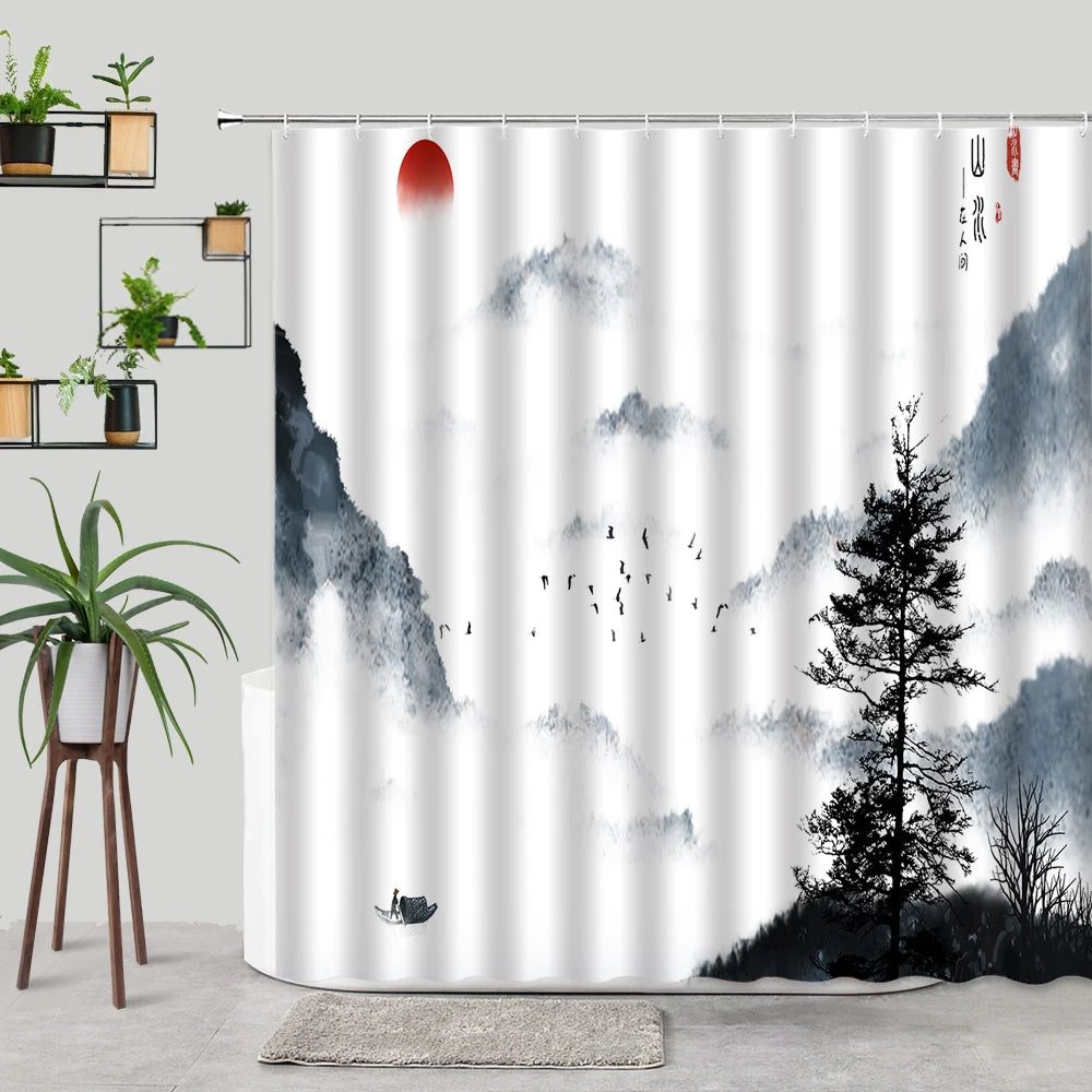 Ink Painting Bamboo Leaves Bird Shower Curtains Set Mountain Water Plant Landscape Waterproof Bathroom Curtain Retro Home Decor