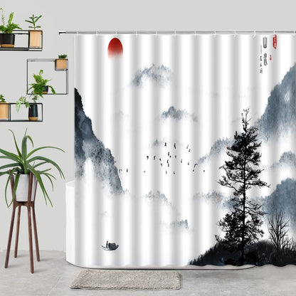 Ink Painting Bamboo Leaves Bird Shower Curtains Set Mountain Water Plant Landscape Waterproof Bathroom Curtain Retro Home Decor