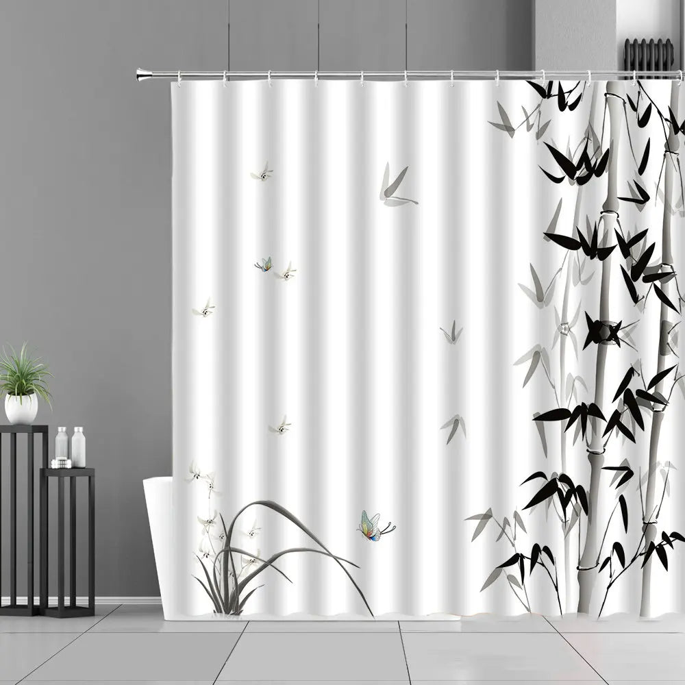 Ink Painting Bamboo Leaves Bird Shower Curtains Set Mountain Water Plant Landscape Waterproof Bathroom Curtain Retro Home Decor