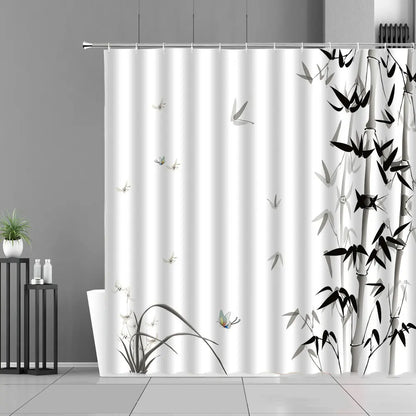 Ink Painting Bamboo Leaves Bird Shower Curtains Set Mountain Water Plant Landscape Waterproof Bathroom Curtain Retro Home Decor
