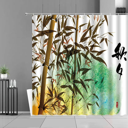 Ink Painting Bamboo Leaves Bird Shower Curtains Set Mountain Water Plant Landscape Waterproof Bathroom Curtain Retro Home Decor