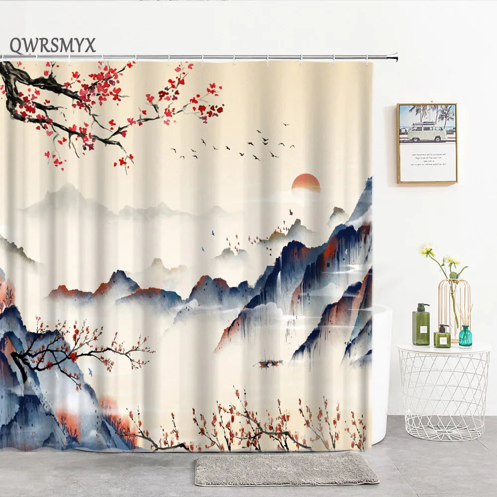 Ink Painting Bamboo Leaves Bird Shower Curtains Set Mountain Water Plant Landscape Waterproof Bathroom Curtain Retro Home Decor