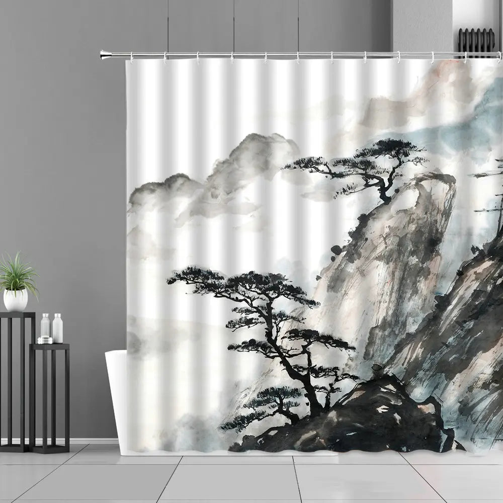 Ink Painting Bamboo Leaves Bird Shower Curtains Set Mountain Water Plant Landscape Waterproof Bathroom Curtain Retro Home Decor