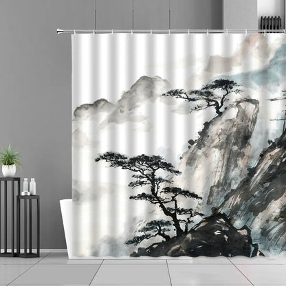 Ink Painting Bamboo Leaves Bird Shower Curtains Set Mountain Water Plant Landscape Waterproof Bathroom Curtain Retro Home Decor