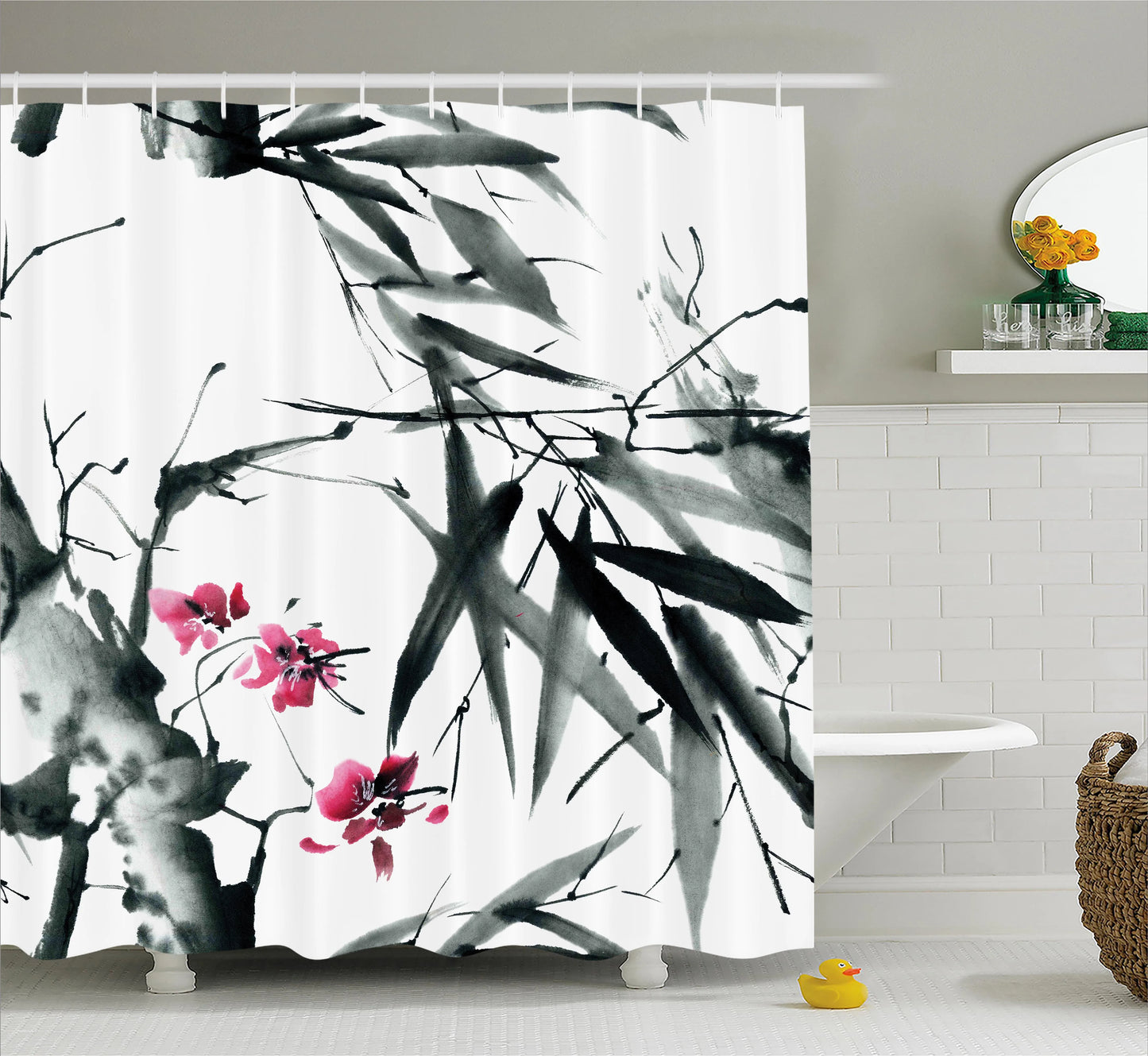 Ink Painting Bamboo Leaves Bird Shower Curtains Set Mountain Water Plant Landscape Waterproof Bathroom Curtain Retro Home Decor