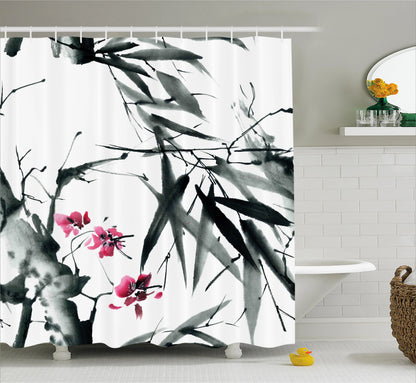 Ink Painting Bamboo Leaves Bird Shower Curtains Set Mountain Water Plant Landscape Waterproof Bathroom Curtain Retro Home Decor