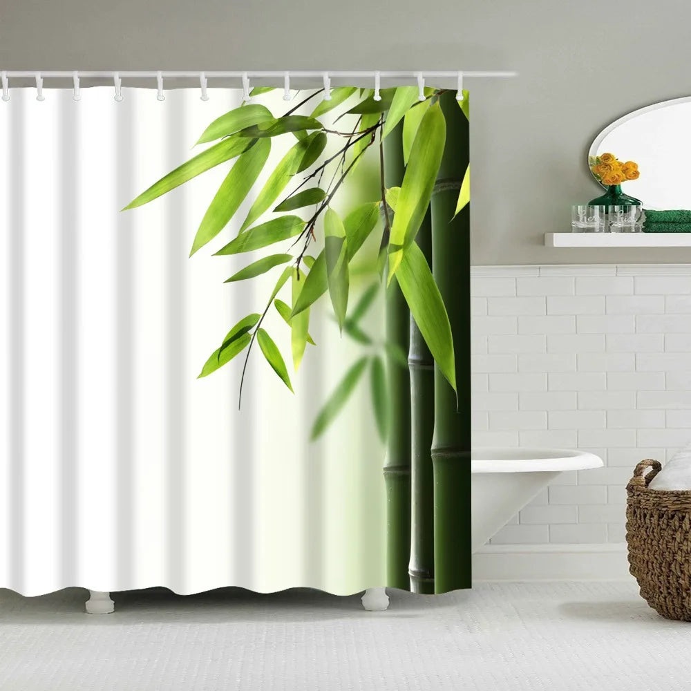 Ink Painting Bamboo Leaves Bird Shower Curtains Set Mountain Water Plant Landscape Waterproof Bathroom Curtain Retro Home Decor