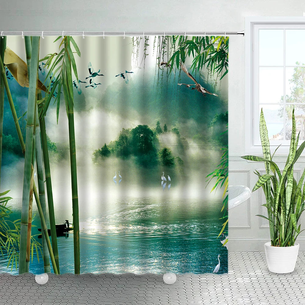 Ink Painting Bamboo Leaves Bird Shower Curtains Set Mountain Water Plant Landscape Waterproof Bathroom Curtain Retro Home Decor