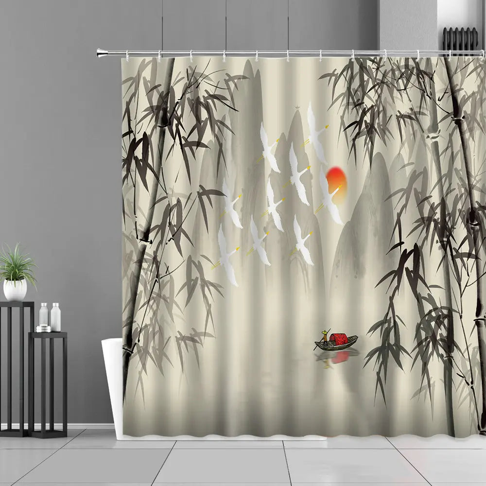 Ink Painting Bamboo Leaves Bird Shower Curtains Set Mountain Water Plant Landscape Waterproof Bathroom Curtain Retro Home Decor