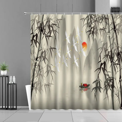 Ink Painting Bamboo Leaves Bird Shower Curtains Set Mountain Water Plant Landscape Waterproof Bathroom Curtain Retro Home Decor