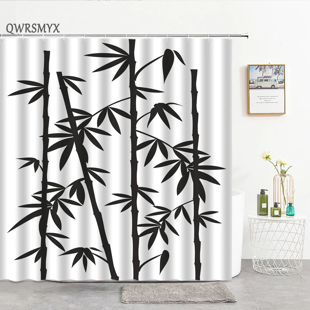 Ink Painting Bamboo Leaves Bird Shower Curtains Set Mountain Water Plant Landscape Waterproof Bathroom Curtain Retro Home Decor