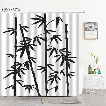 Ink Painting Bamboo Leaves Bird Shower Curtains Set Mountain Water Plant Landscape Waterproof Bathroom Curtain Retro Home Decor