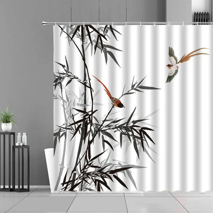 Ink Painting Bamboo Leaves Bird Shower Curtains Set Mountain Water Plant Landscape Waterproof Bathroom Curtain Retro Home Decor