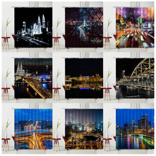 Landscape Shower Curtain Modern Night City Scenery Waterproof Polyester Fabric Bedroom Bathroom Decoration Curtains Ready